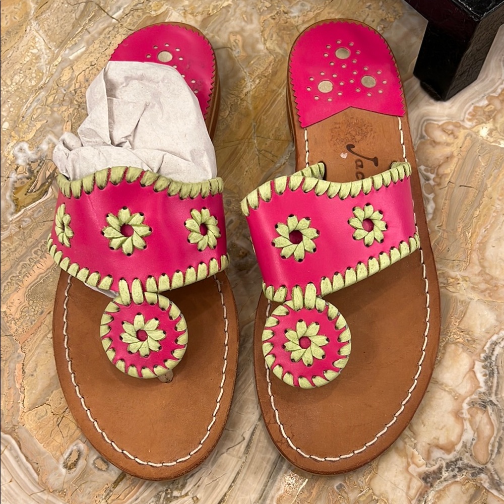 NWOT Jack Rogers Pink With Light Green Whipstitching Sandals, Size 6, Never Worn